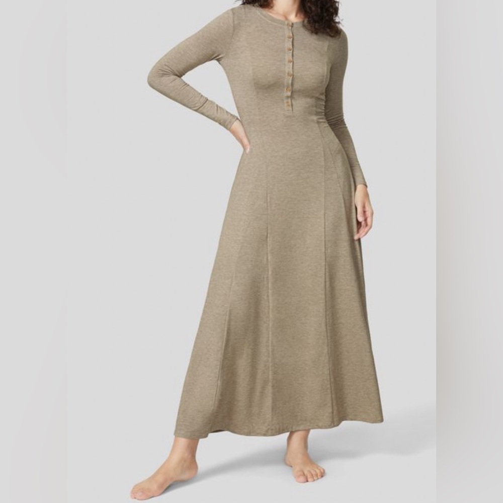 Round neck button long sleeve casual dresss